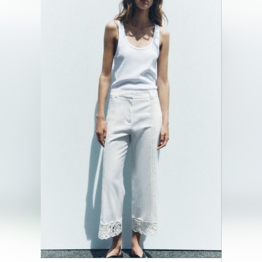 Zara Linen Blend Crochet Cropped Ecru High Waist Troucers